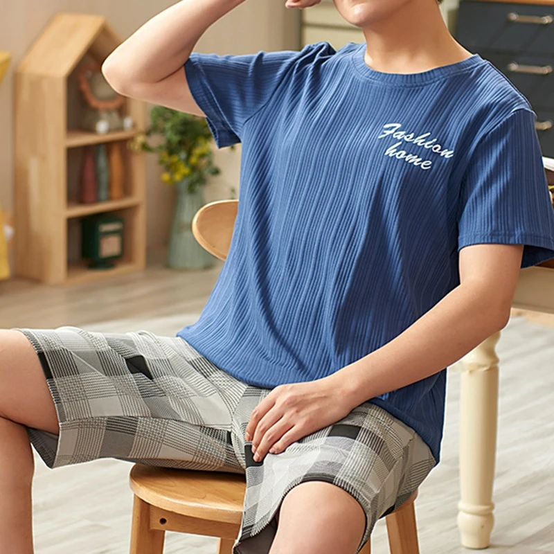 

Pajama Sets Summer Cotton Sleepwear Casual Print Short Sleeve + Patchwork Shorts Plus Size Pajamas For Men Cool Stretch Pyjamas