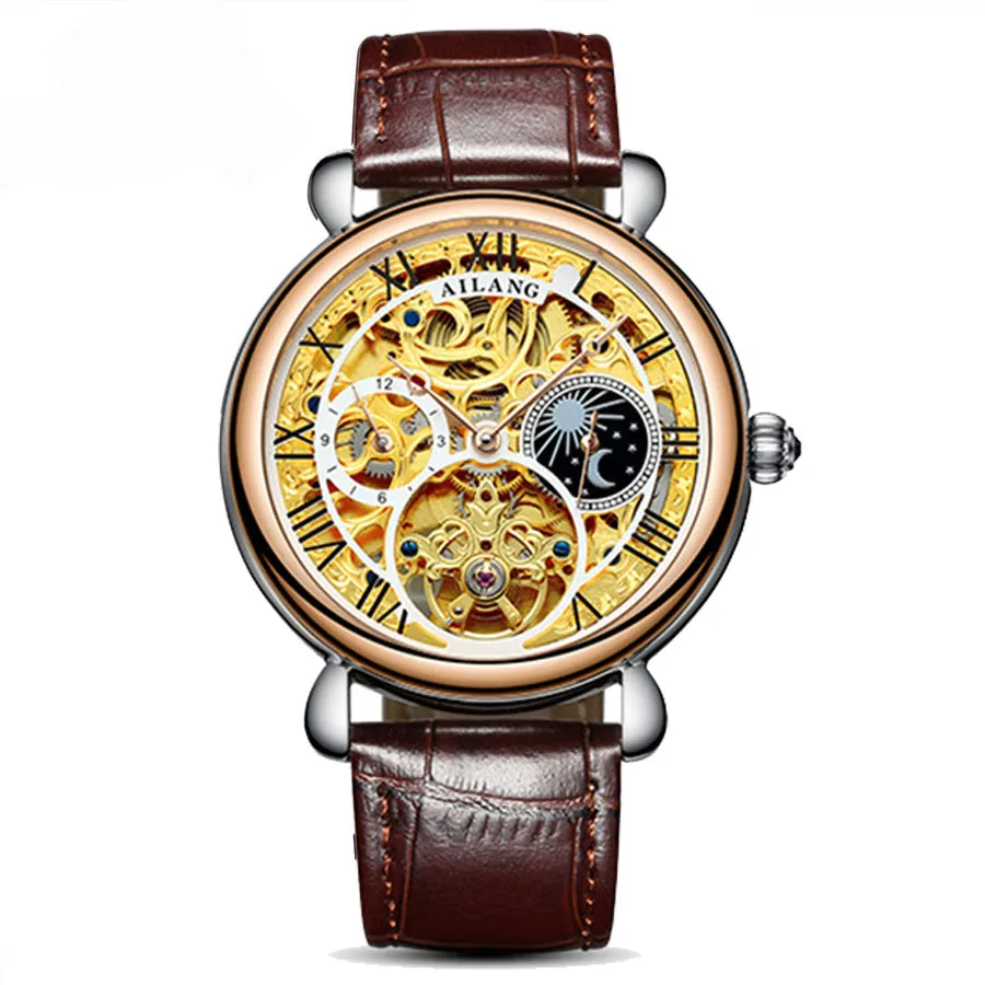 AILANG Moon Phase, мужские винтажные автоматические механические часы, мужские часы со скелетом, s Tourbillon, часы, лучший бренд, Роскошные, Новинка - Цвет: Rose gold brown