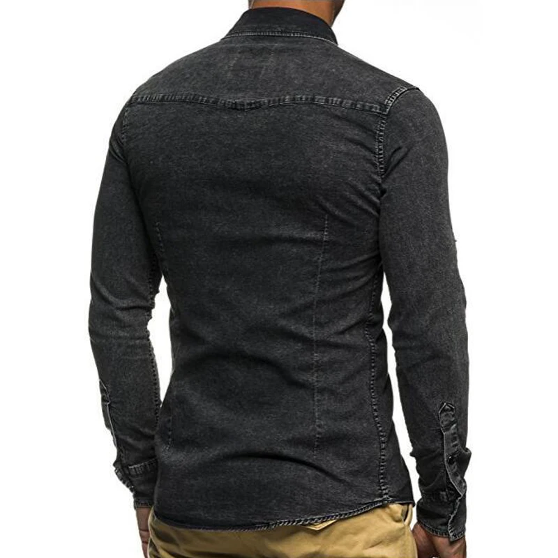 Мужская джинсовая рубашка с длинным рукавом двойным карманом |
