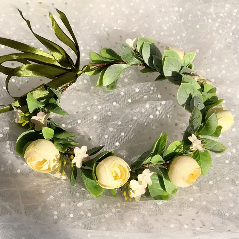 

Wedding Bride Imitation Tea Rose Buds Headband Women Green Leaves Wreath Crown X5XA