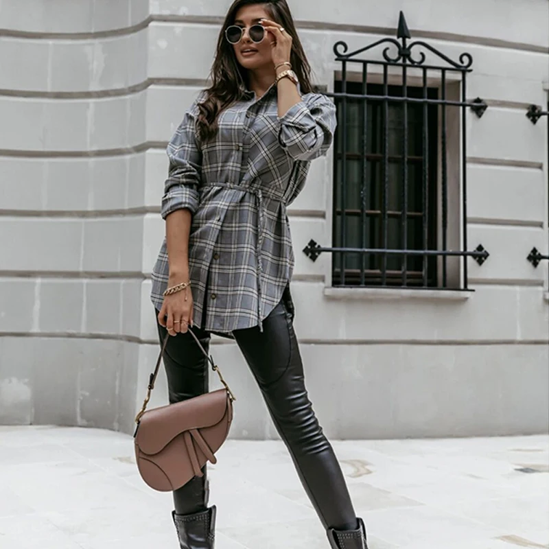 

Women Plaid Turn-Down Collar Long Sleeve Shirt Blouse 2020 Autumn Winter Fashion Button Up Casual Loose Midi Ladies Shirts Tops