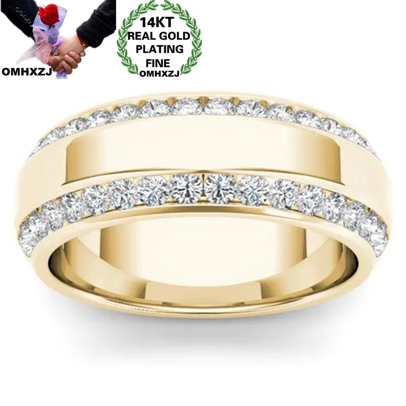 

OMHXZJ Wholesale RR1273 European Fashion Fine Woman Girl Party Birthday Wedding Gift Simple Two Lines AAA Zircon 14KT Gold Ring