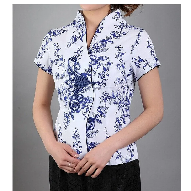

Рубашка женская из хлопка и льна, льняная блузка в винтажном стиле, с коротким рукавом, V-образным вырезом, в традиционном китайском стиле
