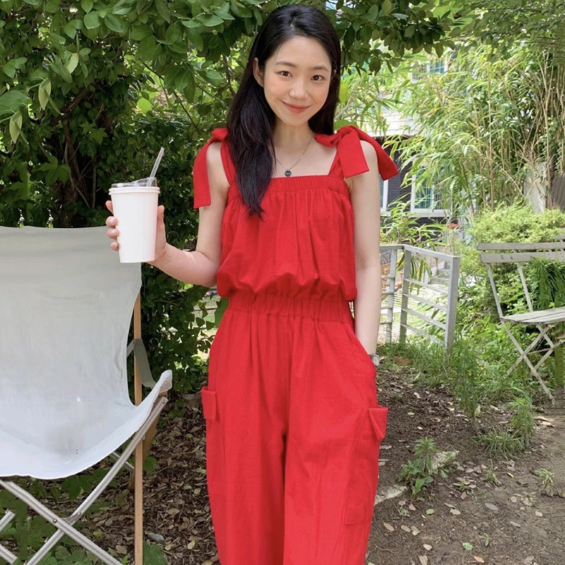 

Summer Temperament Was Thin Square Collar Leaking Clavicle Folds Bowknot Sling One-piece Trousers KK645