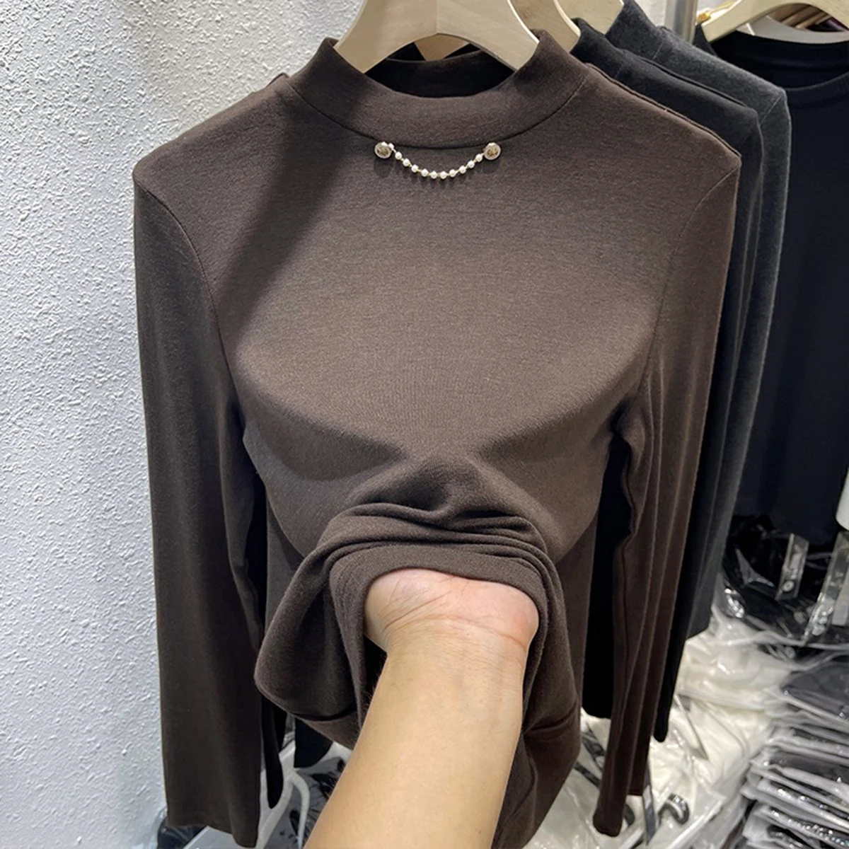 

Женские топы 2021, блузки, футболка Derong, плотная футболка с начесом и люрексом, однотонная облегающая теплая блузка, гибкая, мягкая, стильная, и...