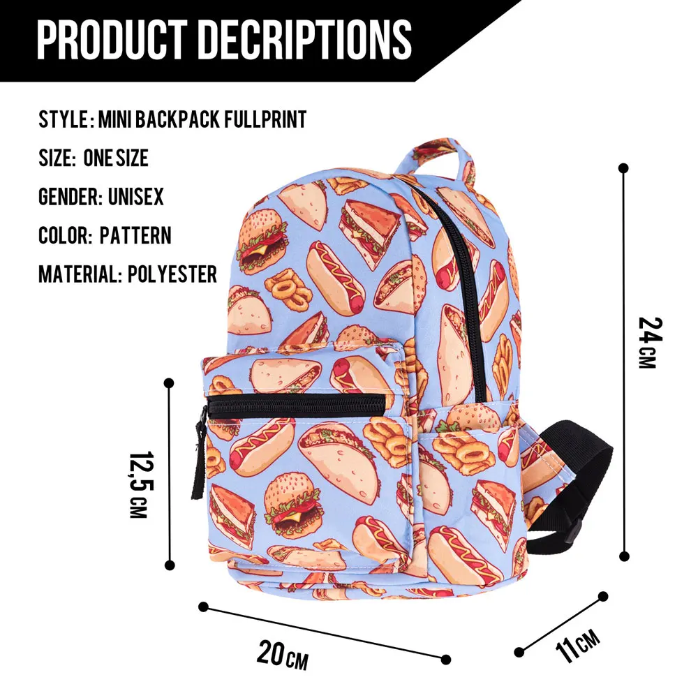 Cartoons School Bag For Girl Hamburger Print Kawaii Anime Cute Mini Backpack Women Casual Small Bag Waterproof Portable