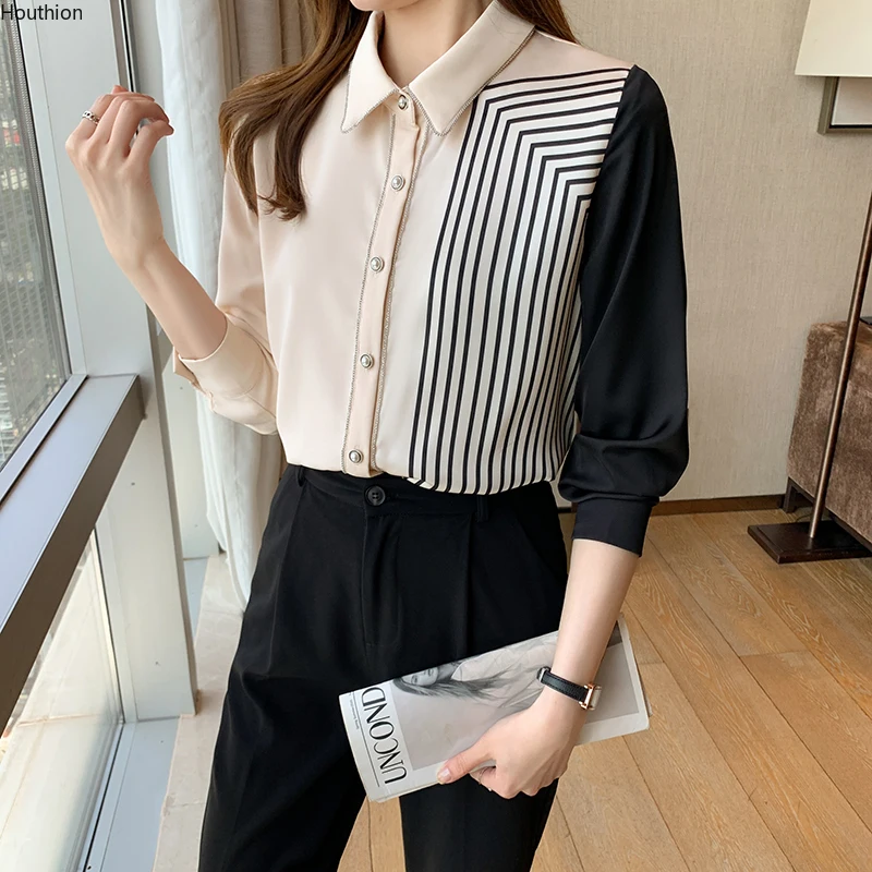 

Autumn New Women's Blouses Polo Shirt Long Sleeve Tops Stitching Blouse Girl Chiffon Casual Fashion Lady Loose