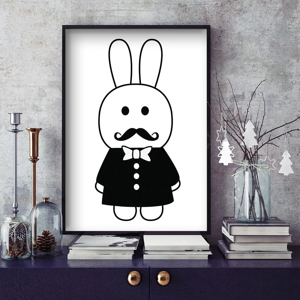 

Cartoon Pirate Hero Rabbit Minimalist Art Canvas Poster Painting Animal Black White Picture Print Modern Home Child Room Decor