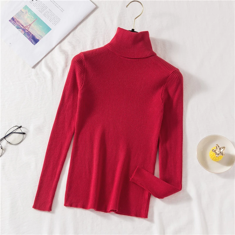 

Turtleneck Sweater knitted Pullover Women Winter Long Sleeve Warm Knitwear Slim Bottoming Shirt Tops Solid Ladies Clothes Q956