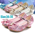 Туфли для девочек с бантом-бабочкой, синие, розовые, серебристые детские кожаные туфли принцессы для девочек, повседневные блестящие туфли с цветами на высоком каблуке, 2021