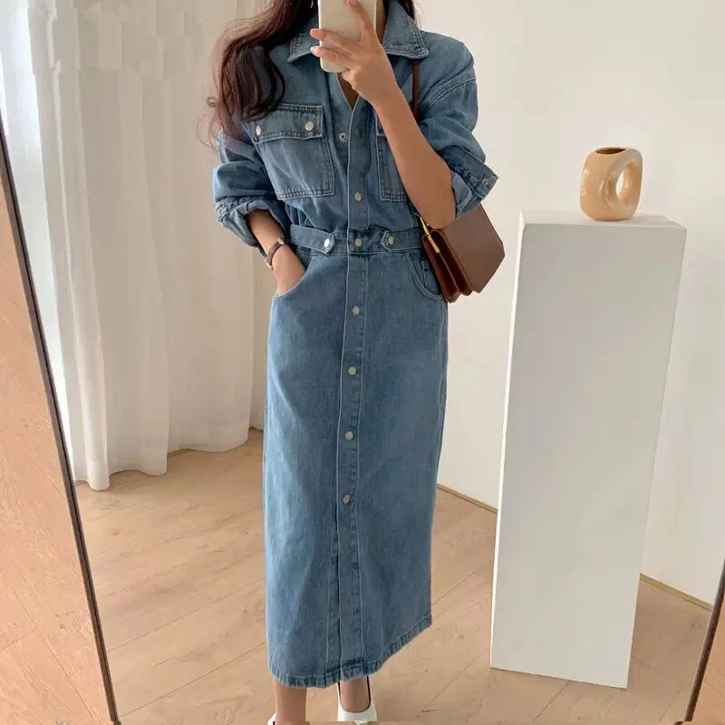 

Women Denim Long Sleeve Dress Autumn Turn Down Collar Jeans Dress Korean Fashion Blue Maxi Single-breasted Dress With Pockets