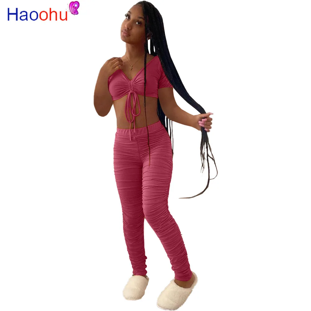 

HAOOHU Fashion Street Women's Set Outfits Acitve Stacked Crop Tops and Ruched Pants Matching Two Piece Set Tracksuit Sweatsuit