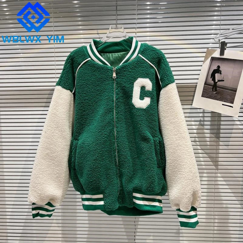 

Faux Lambswool Fur Jacket Women Zipper Stand Collar Fashion Letter Embroidery Plush Coat Female Thick Warm Outerwear Winter Coat