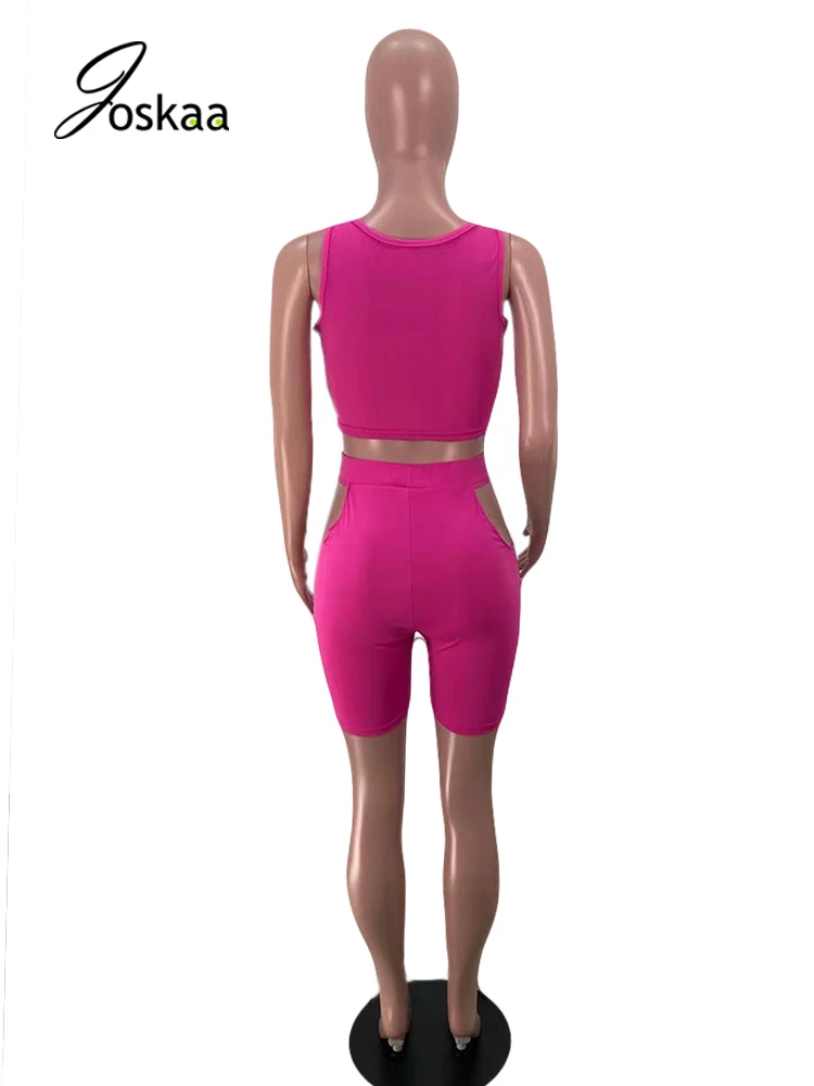 

Joskaa Women Solid Sleeveless 2 Pieces Set For Summer Sexy Bandage Biker Hollow Out 2021 Tracksuit Lace Up Casual Sweat Suit