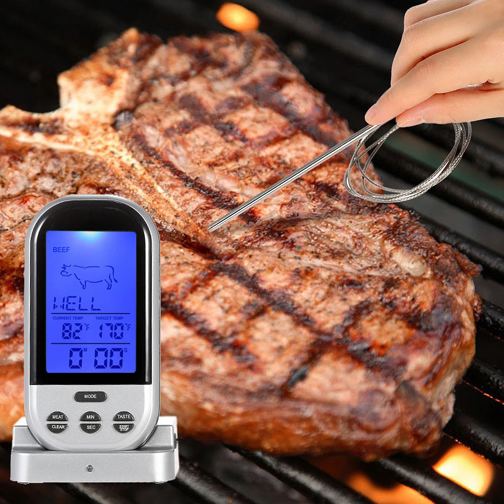 

Wireless Digital Meat Thermometer - Remote BBQ Kitchen Cooking Thermometer for Oven Grill Smoker with Timer-Included Food Probe