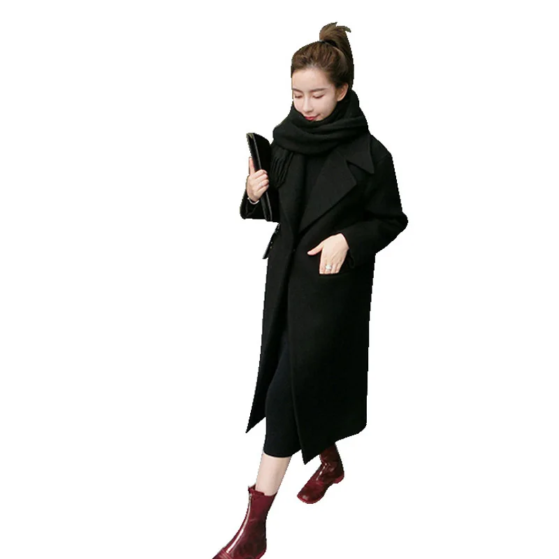 

Women Winter Korean Style Black Long Wool Blend Trench Coat 2020 Ladies Fashion Windbreaker Clothes 2XL