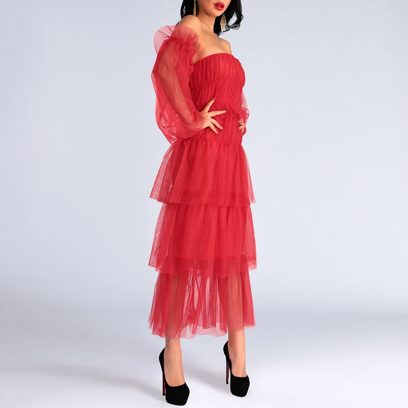 INDRESSME 2019 New Sexy Off The Shoulder Slash Lace Long Sleeves Ball Gown Red Tiered Mesh Dress Women Party Ankle Length | Женская