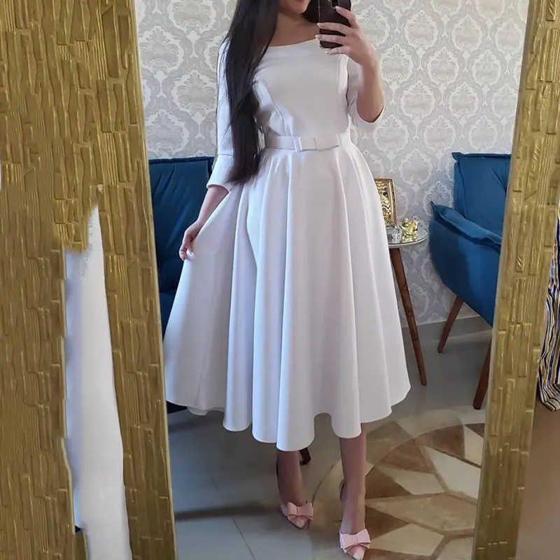 Простое Белое элегантное платье средней длины с высокой талией и круглым вырезом