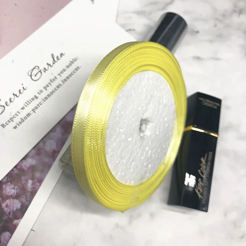 Light yellow HINDJEF 6 мм 25 ярдов Розовый Шелковый Атласный органза полиэстер лента для шитья Свадебная вечеринка ручной работы украшения тесьма подарочная упаковка - Цвет: Light yellow