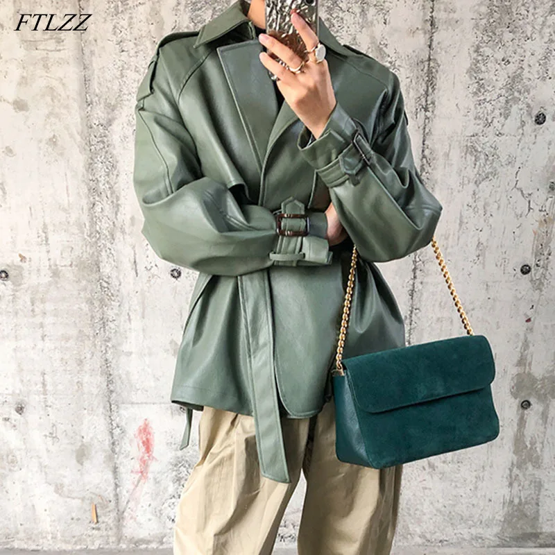 

FTLZZ New Spring Autumn Women Faux PU Leather Casual Streetwear Outwear Motorcycle Leather Jacket with Belt Green Biker Coat