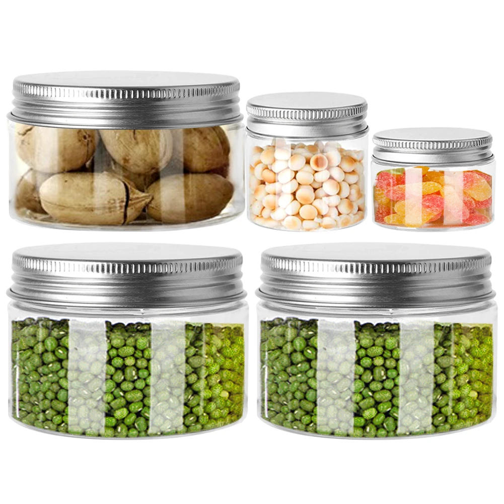 

10pcs 30ml 50ml 60ml 80ml 100ml 120ml 150ml PET Plastic Round Wide-Mouth Containers Candy Storage Makeup Jars With Aluminum Lid