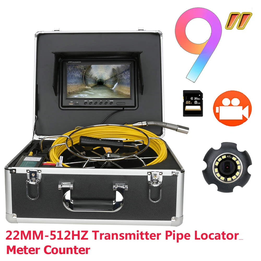 

9 inch DVR Monitor 30M Sewer Pipe Inspection Video Camera with Meter Counter 512Hz Transmitter Pipe Locator 22MM IP68