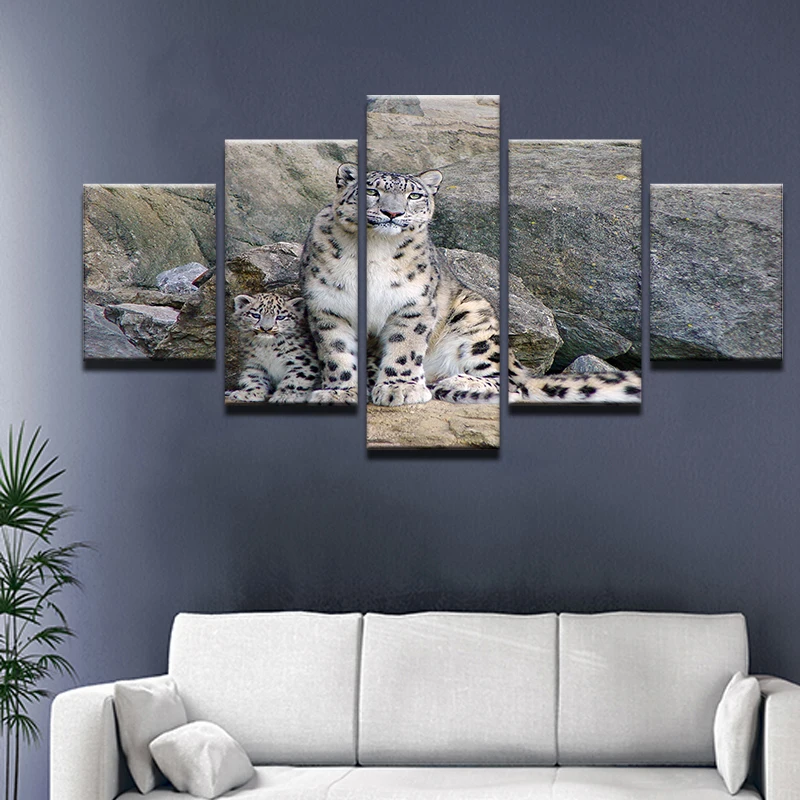 5 шт. настенная живопись в форме снежного барса сидят на песке и Back To камни Печать