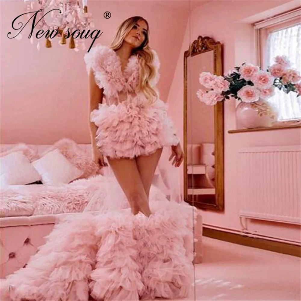 

Dubai Pink Ruffles Celebrity Dresses Mermaid Prom Dresses Puffy Ruched Tiered Long Evening Gowns Robes Formal Party Night 2020