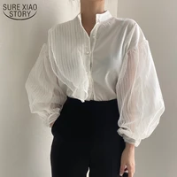 korean hollow out blouse women fashion sexy loose white womens shirt puff long sleeve mesh blouse elegant clothes 11256