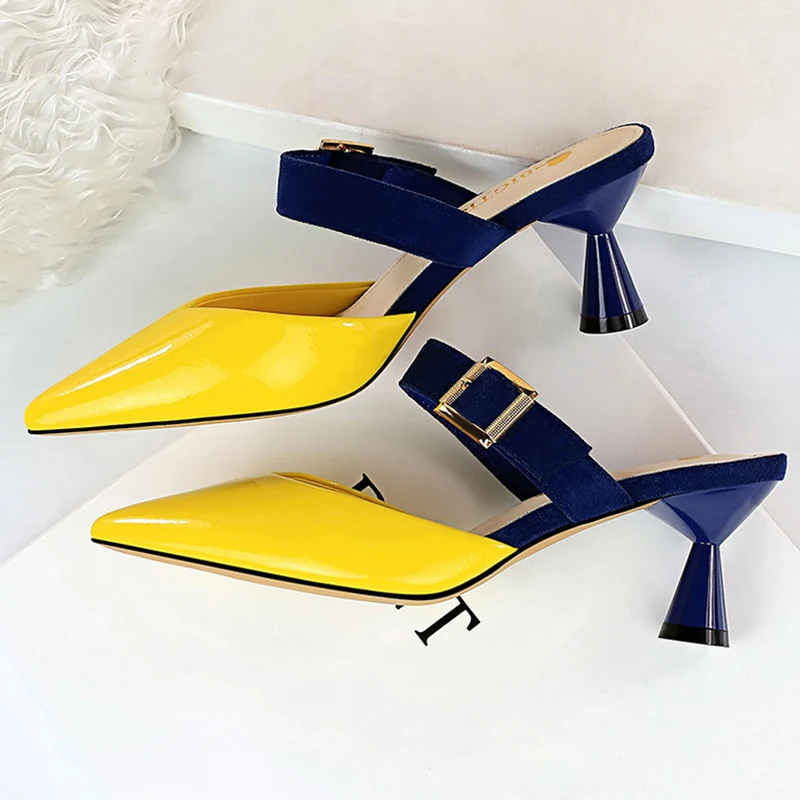 Женские туфли без задника на каблуке 6 см повседневные шлепанцы желтого и
