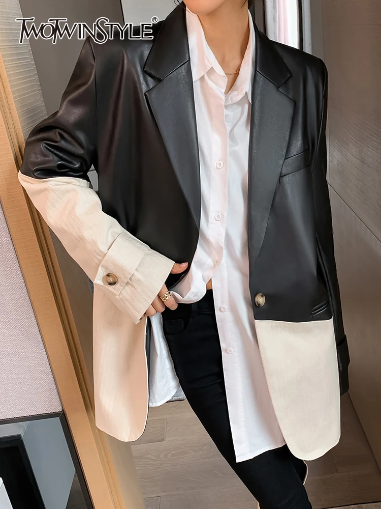 Женский блейзер twotwin2 модный из искусственной кожи в Корейском стиле с отложным