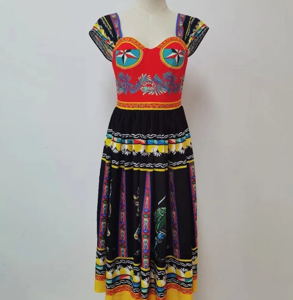 

Женское модельное платье средней длины, милое праздничное платье на бретелях-спагетти с цветочным принтом В рыцарском стиле, платье для веч...