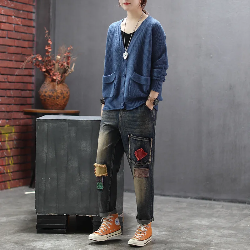 Осенние джинсы женские Ретро Свободные повседневные джинсовые брюки с