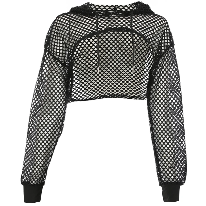 

Rockmore Sexy Black Mesh Fishnet Top Women's Tshirt See Through Smock Long Sleeve T-shirts Cropped Top Tee Shirt Streetwear 2021