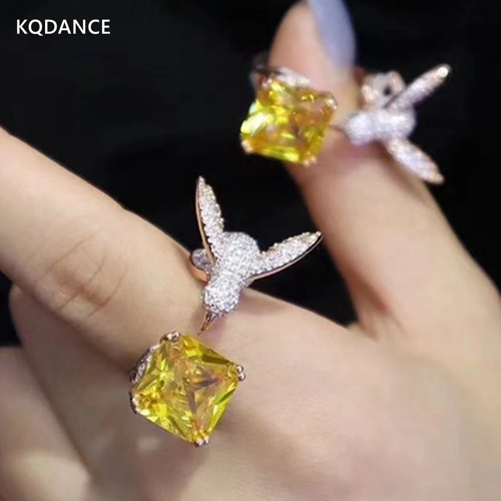 925 sterling silver with yellow stone Lab citrine Gemstones moissanite diamond Bird Ring Cocktail Rings For Women 2021 trend