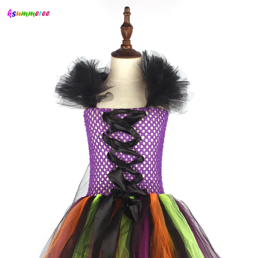 

Girls Evil Witch Halloween Cosutme Trailing Tulle Kids Fancy Tutu Dress with Witch Hat Children Carnival Cosplay Party Dresses