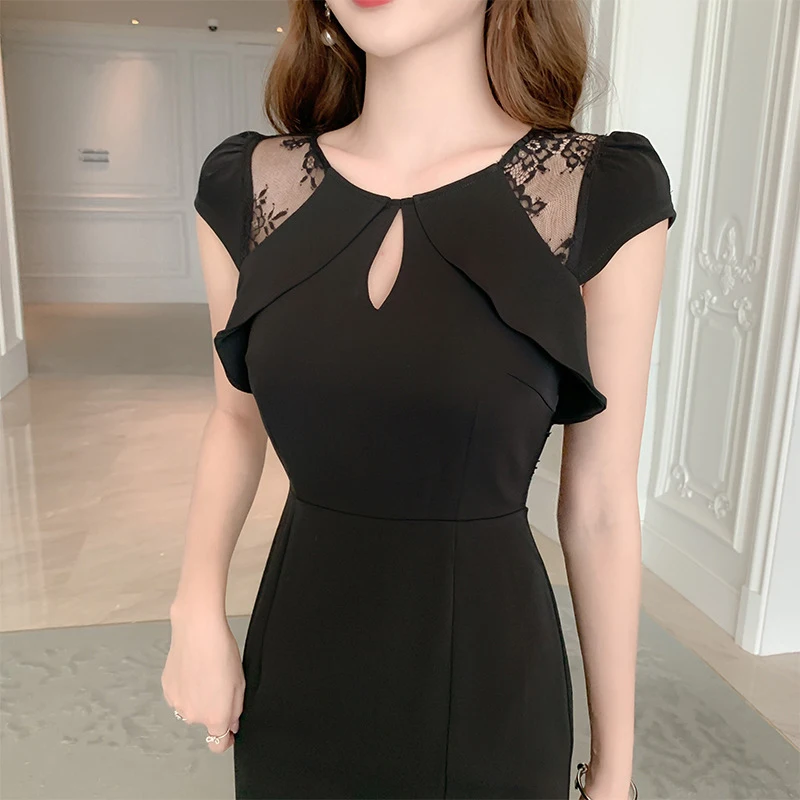 

new arrival fashion night club party dress women elegant summer o-neck lace perspective temperament black split pencil dress