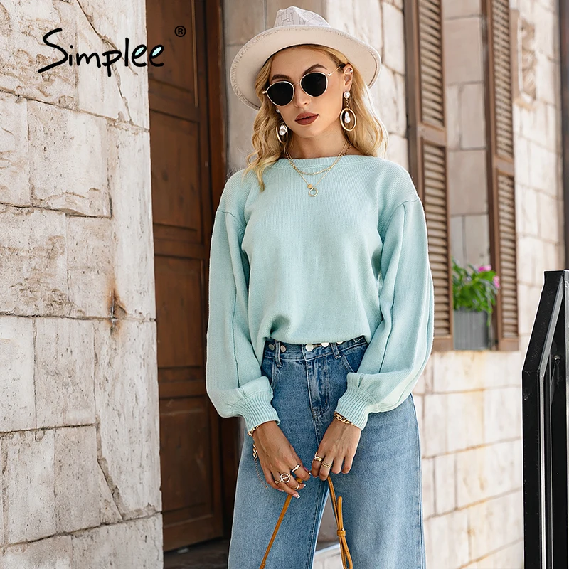 

Simplee Backless chain long lantern sleeve sweater women Office lady o-neck pullover autumn Casual female short knitteD jumper