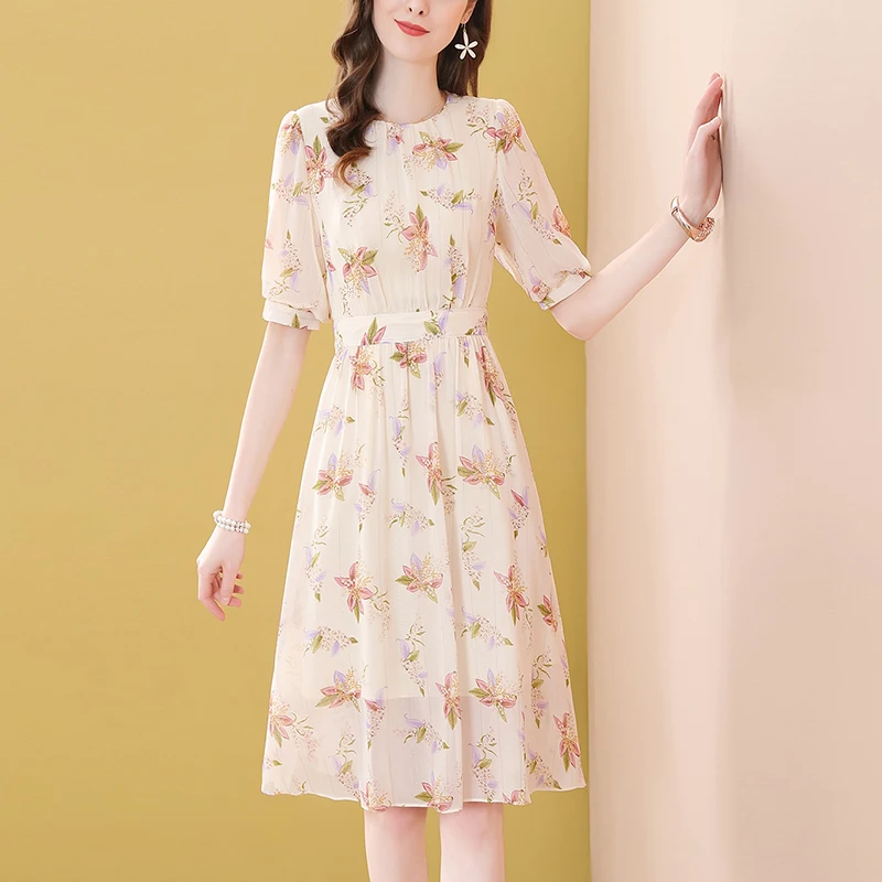 Платье женское шифоновое с круглым вырезом элегантный облегающий Повседневный