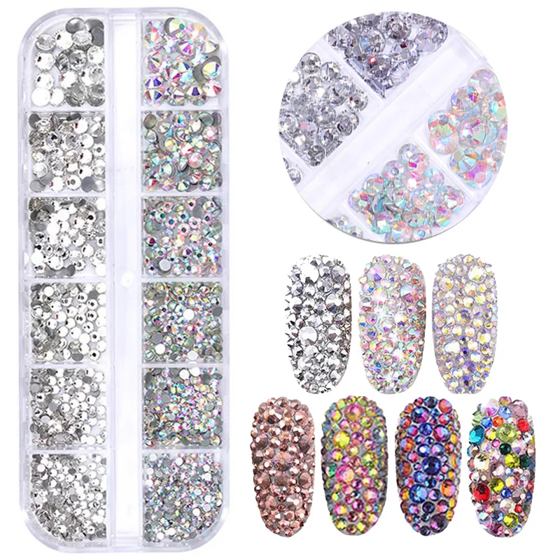 

12 Grids Colorful Crystal Nail Art Rhinestones Acrylic Nail Stones Beads Studs Flat Back Shiny Tips 3D Nails Art Decorations