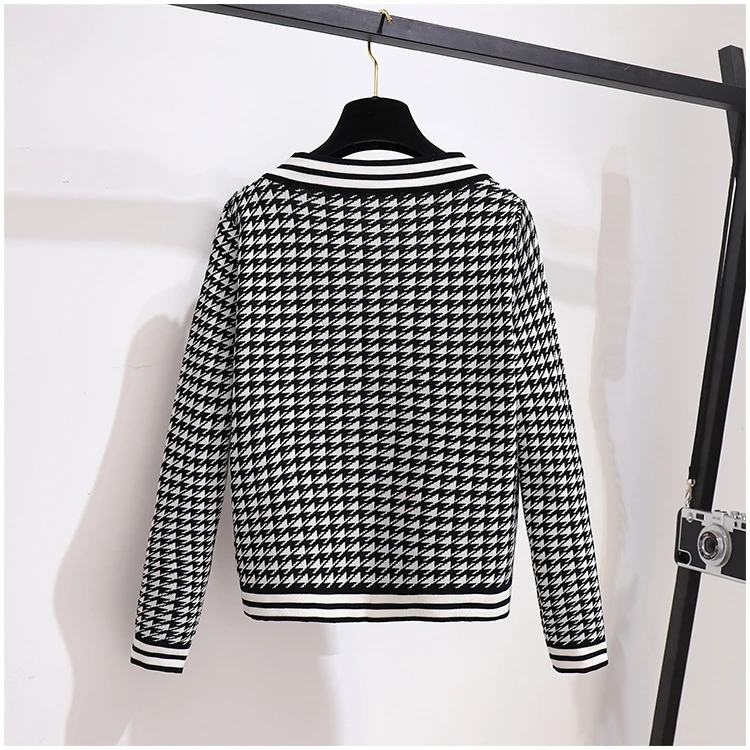 Plaid Knit Two Piece Suit Women Set Wide Legs Pants Outfits Long Sleeve V Neck Houndstooth Cardigans Woman's Knitted |