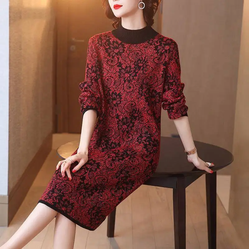 

2020 Winter Vintage Floral Warm Long Wool Sweaters Autumn Casual Print 4XL Plus Size Women Elegant Knitting Midi Sweater Dresses