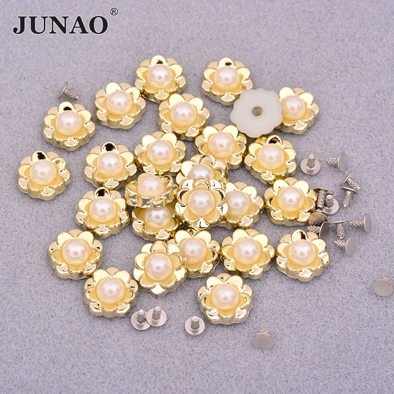 

JUNAO 100Pcs 12mm 15mm Beige Flower Pearl Rhinestone Applique Claw Crystal Strass for Clothes Crafts