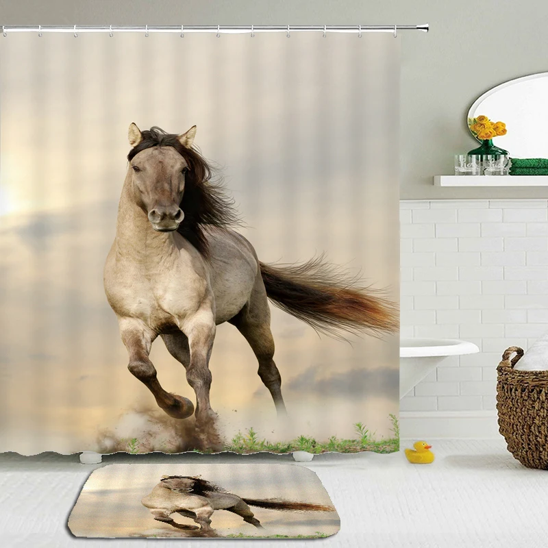 

2Pcs/Set Horse Shower Curtains Set Mat Bathroom Waterproof Bath Curtains Polyester Cloth With Rectangle Non-slip Floor Mat