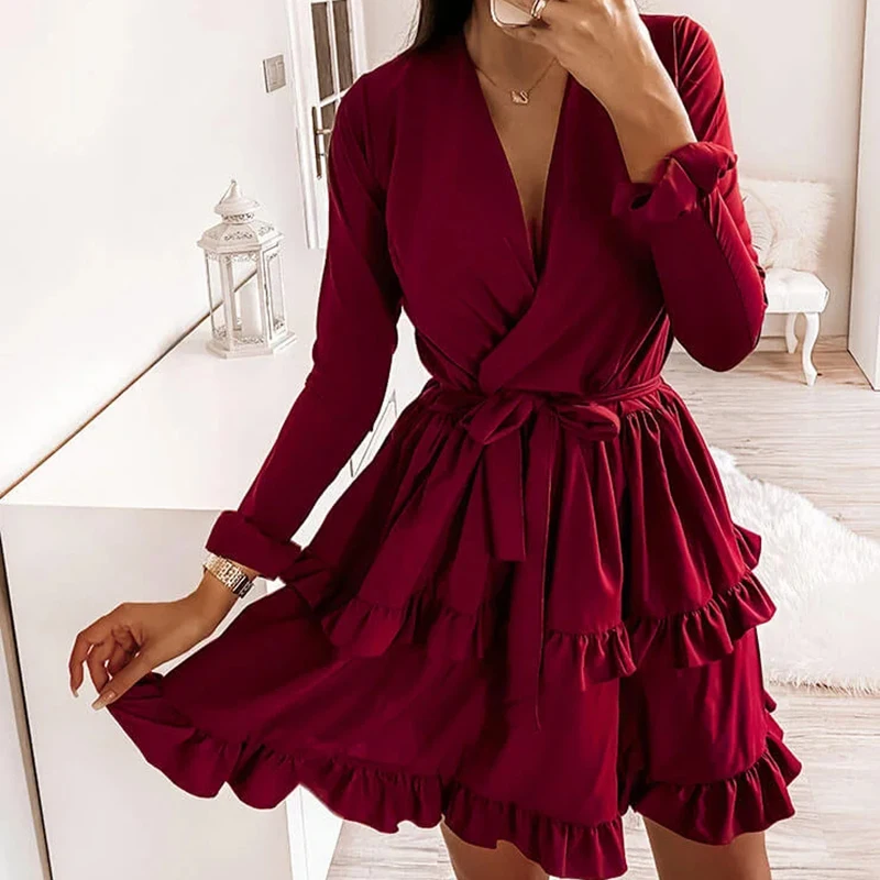 

New Arrived Flared Sleeves Ruffles V Neck Sexy Dress Women Spring Autumn Long Sleeve A-Line Solid Sashes Mini Dresses