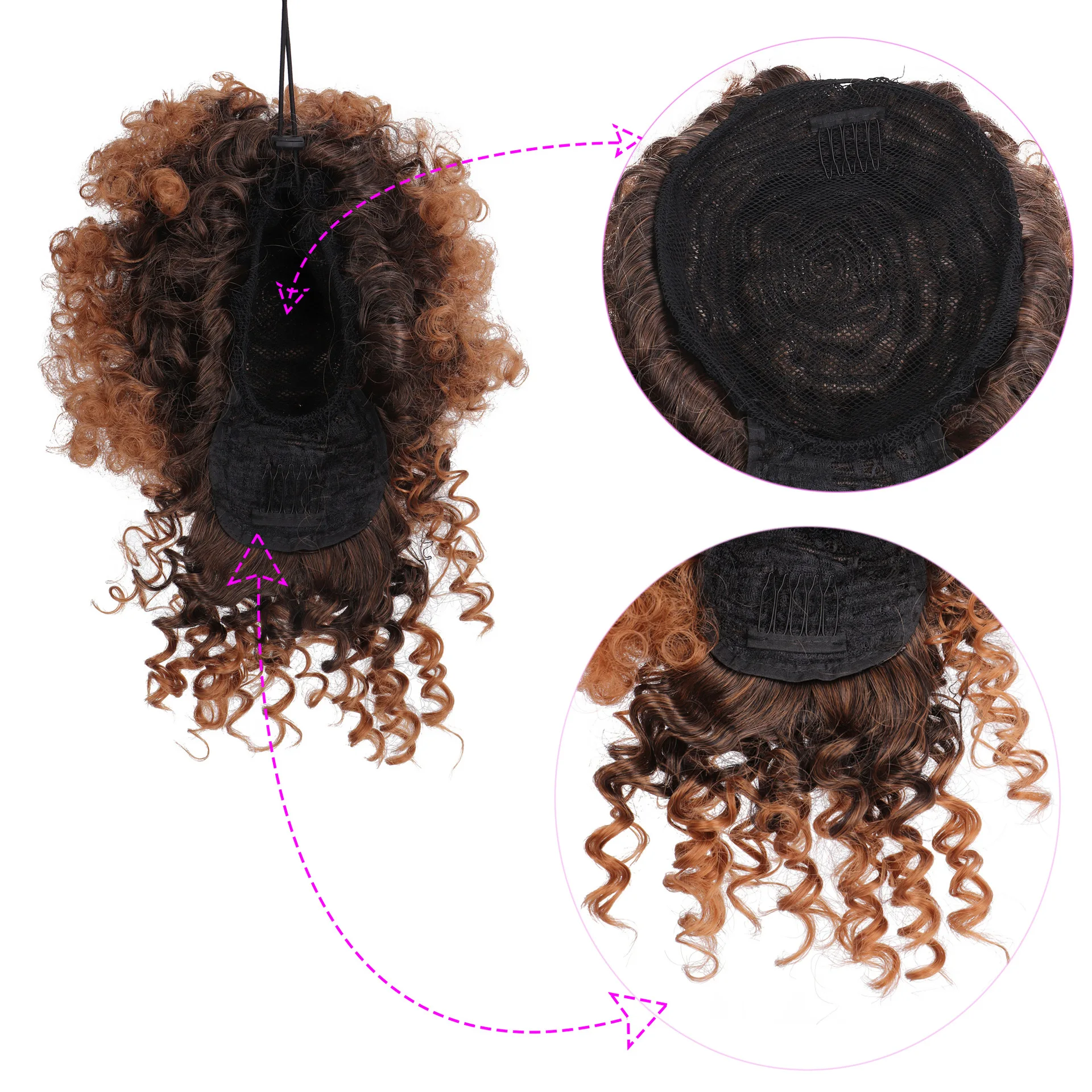 

Short Kinky Curly Chignon With Bangs Synthetic Hair Bun Drawstring Ponytail Afro Puff Hair pieces For Women Clip Hair Extension