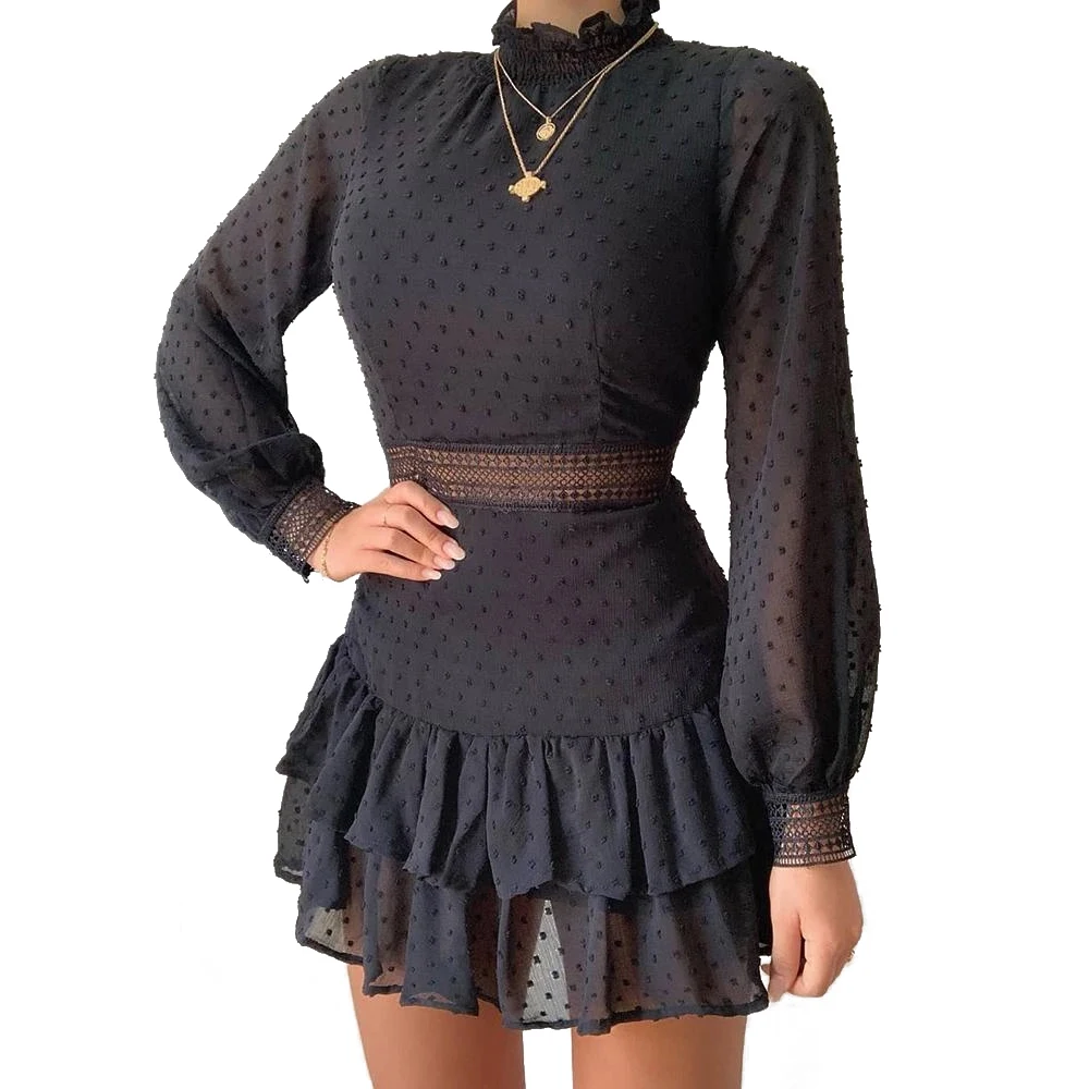 

Women Jacquard Fashion Dress Vintage Long Sleeve Ruffles Dresses Sexy Polka Dot Lace Party Dress Lady Chic Solid Colour Vestidos