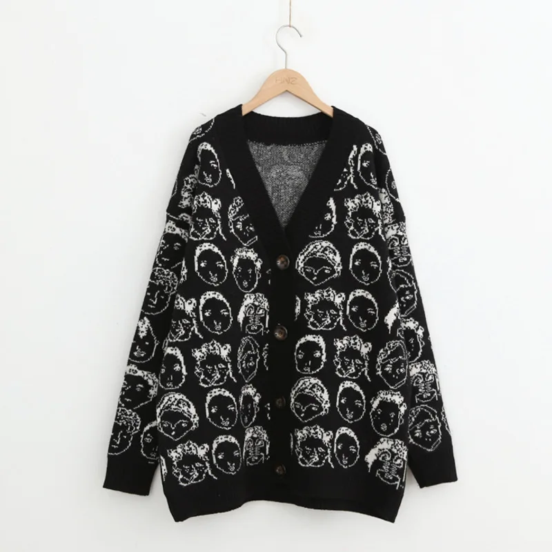 

2021 Autumn Loose Women's Cardigan Cartoon Printing Thick Warm Jacket Fashion V-neck Sweater Single-breasted Retro Harajuku