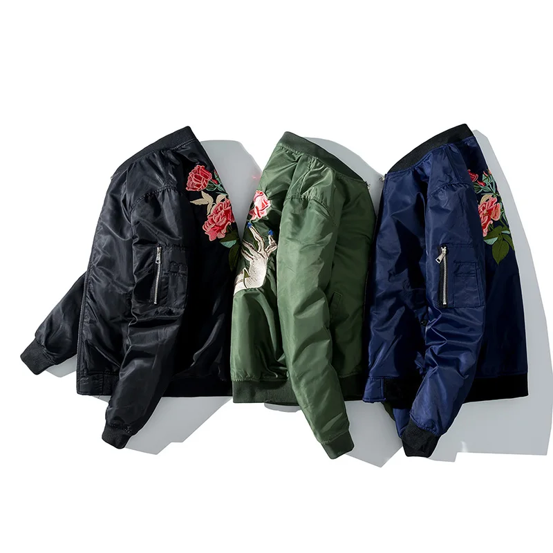 

Winter & fall Men Bomber Jacket Flower embroidery Coat Thicken warm Zipper Windbreaker Jacket Casual Streetwear Male Outwear
