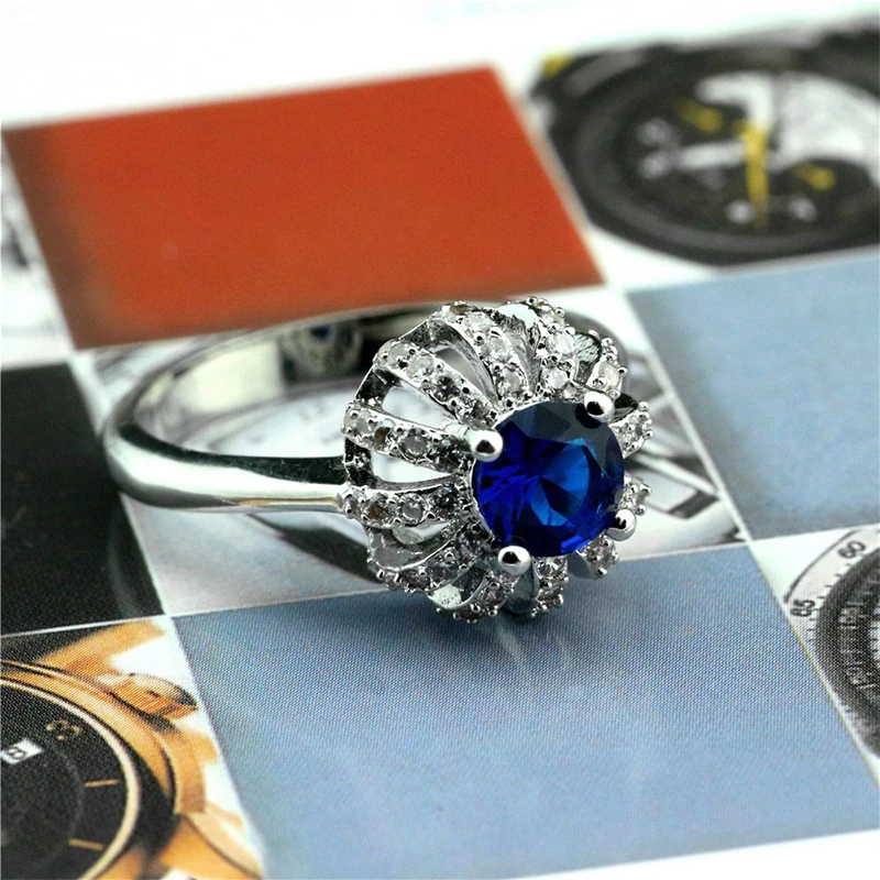 Luxury Cross Line Silver Color Zirconia Crown Ring For Women's Wedding Party AAA Zircon Blue Crystal Romantic Jewelry | Украшения и